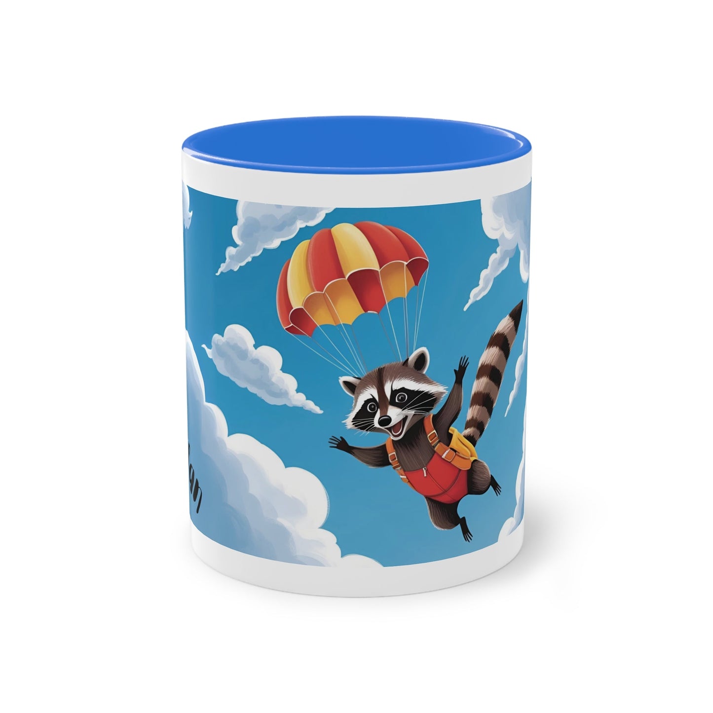 Skydiving Raccoon Mug, Fun Animal Coffee Cup, Gift for Nature Lovers, Cute Office Mug, Colorful Parachute Design