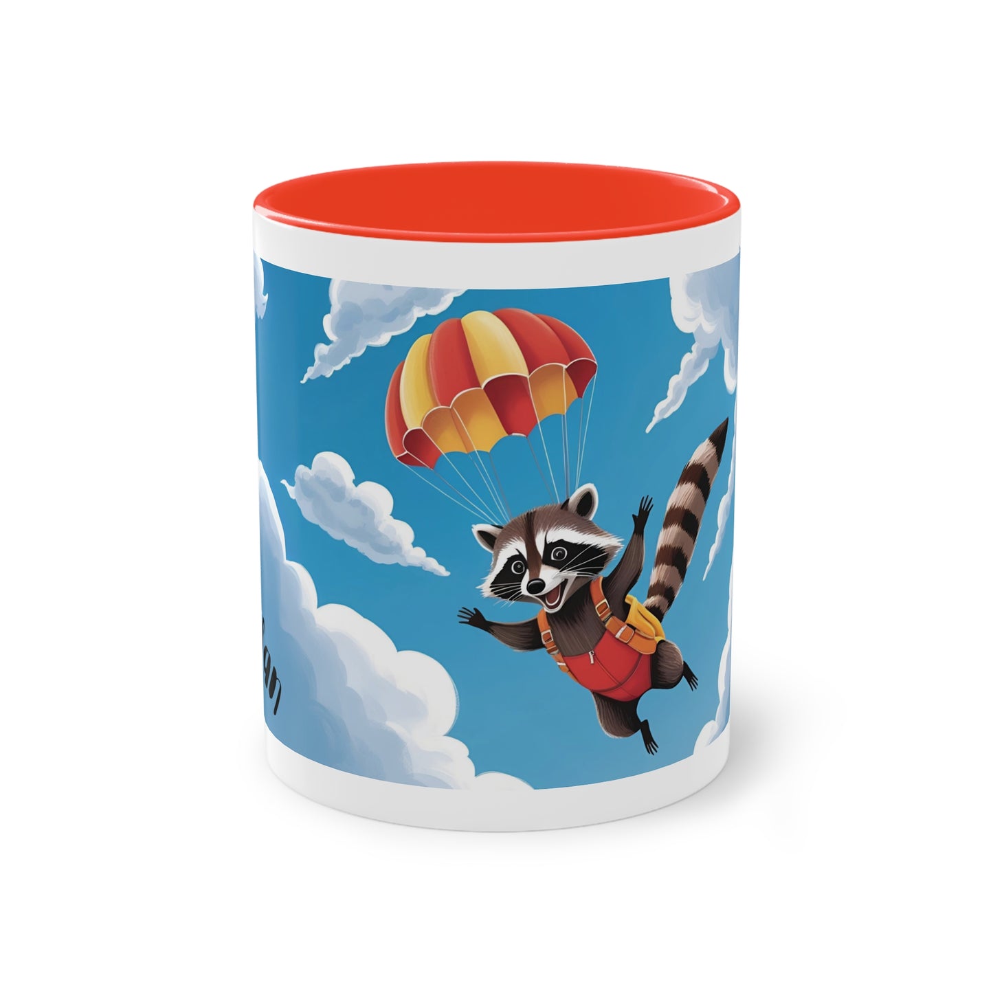 Skydiving Raccoon Mug, Fun Animal Coffee Cup, Gift for Nature Lovers, Cute Office Mug, Colorful Parachute Design