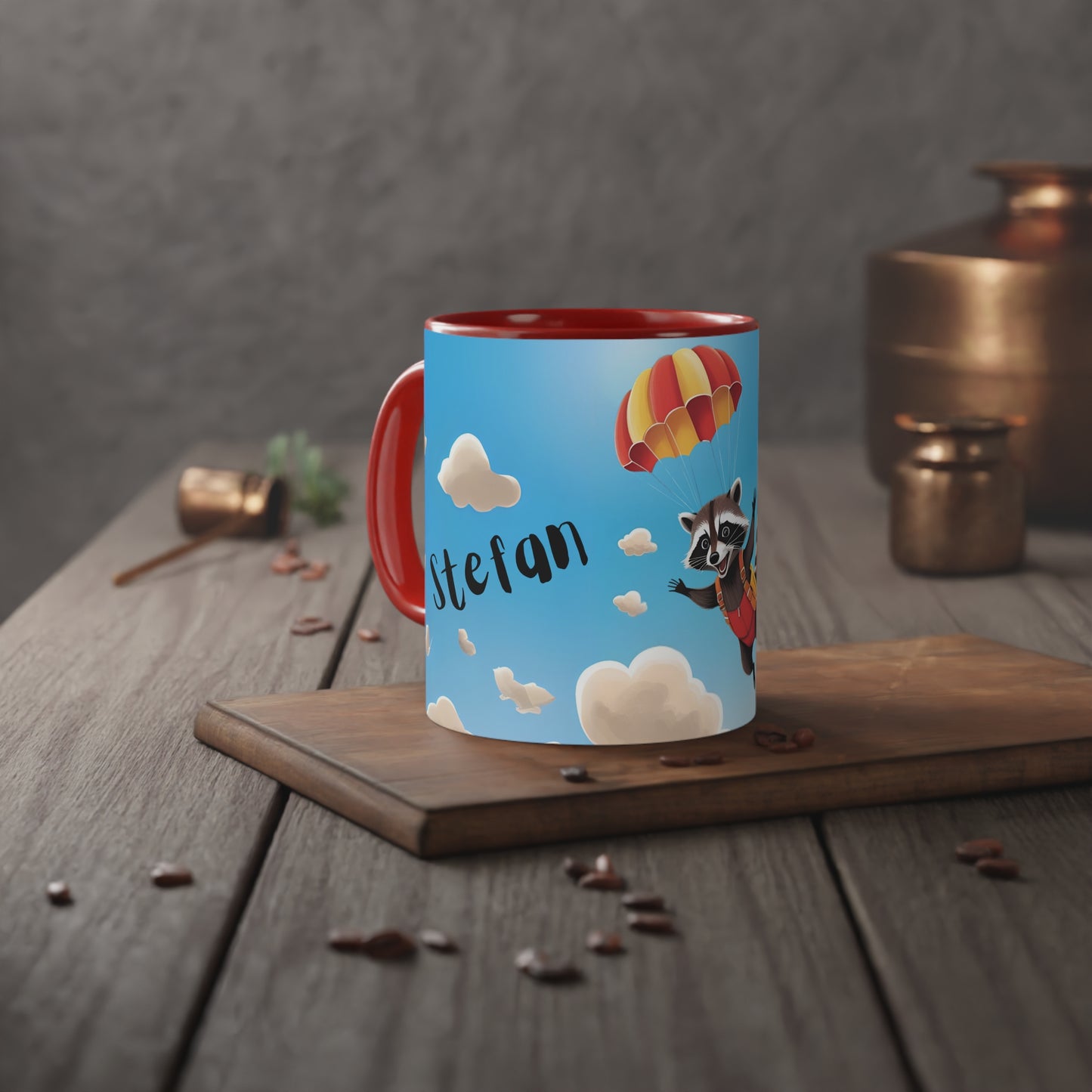 Waschbär-Fallschirm-Becher, Geschenk für Kinder, Tasse für Tierliebhaber, Geburtstagsgeschenk, verspielte Keramiktasse, Abenteuer-Kaffeetasse